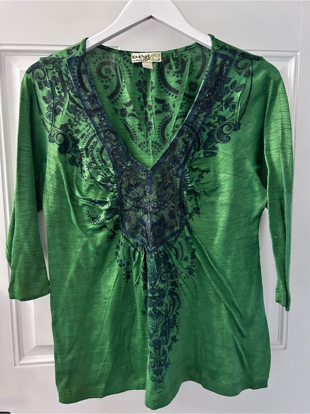 Energie Green V-Neck Long Sleeve Top with Navy Print